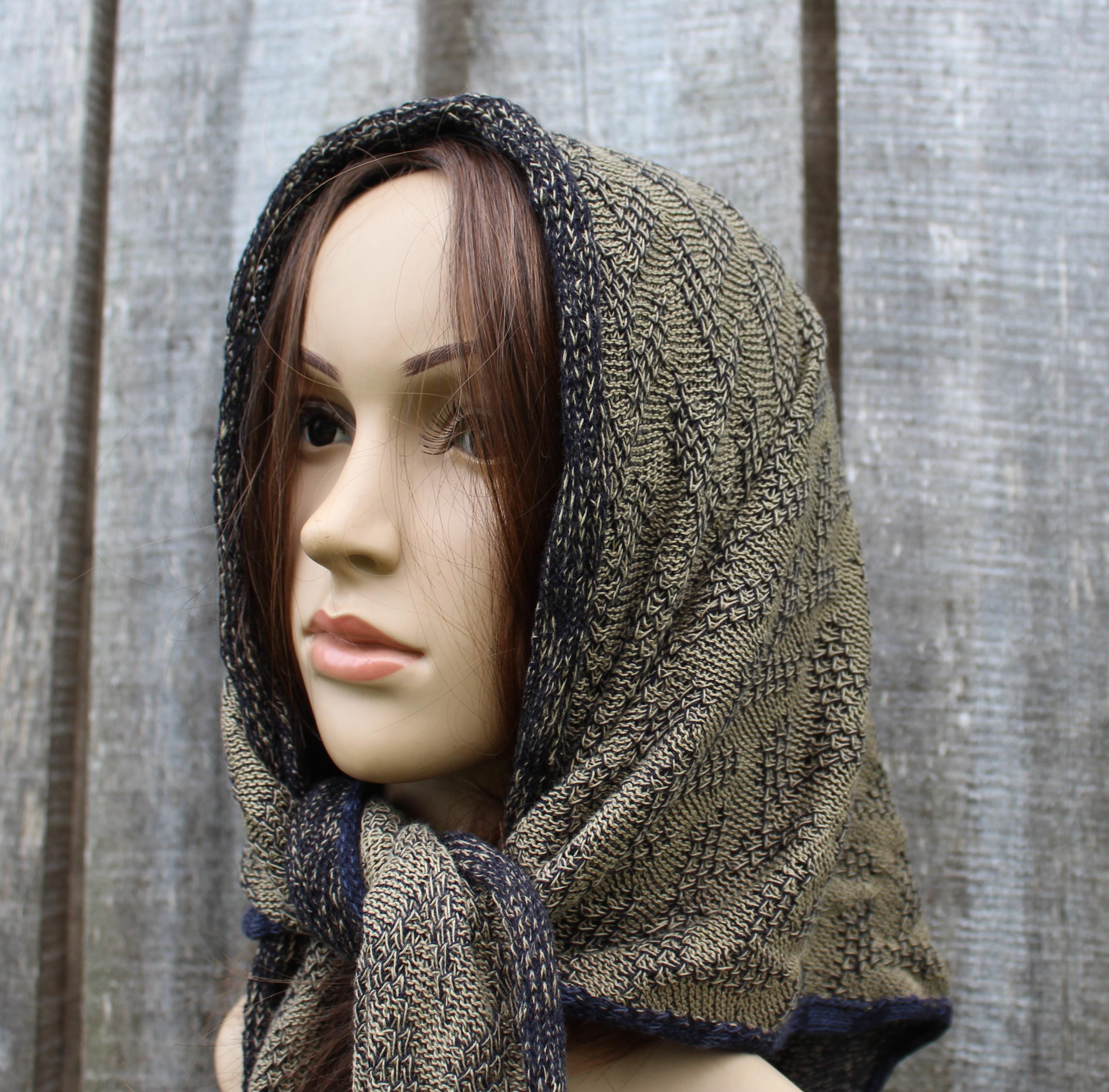 knitted head kerchief, cotton khaki blue head wrap, colorful triangle shawl