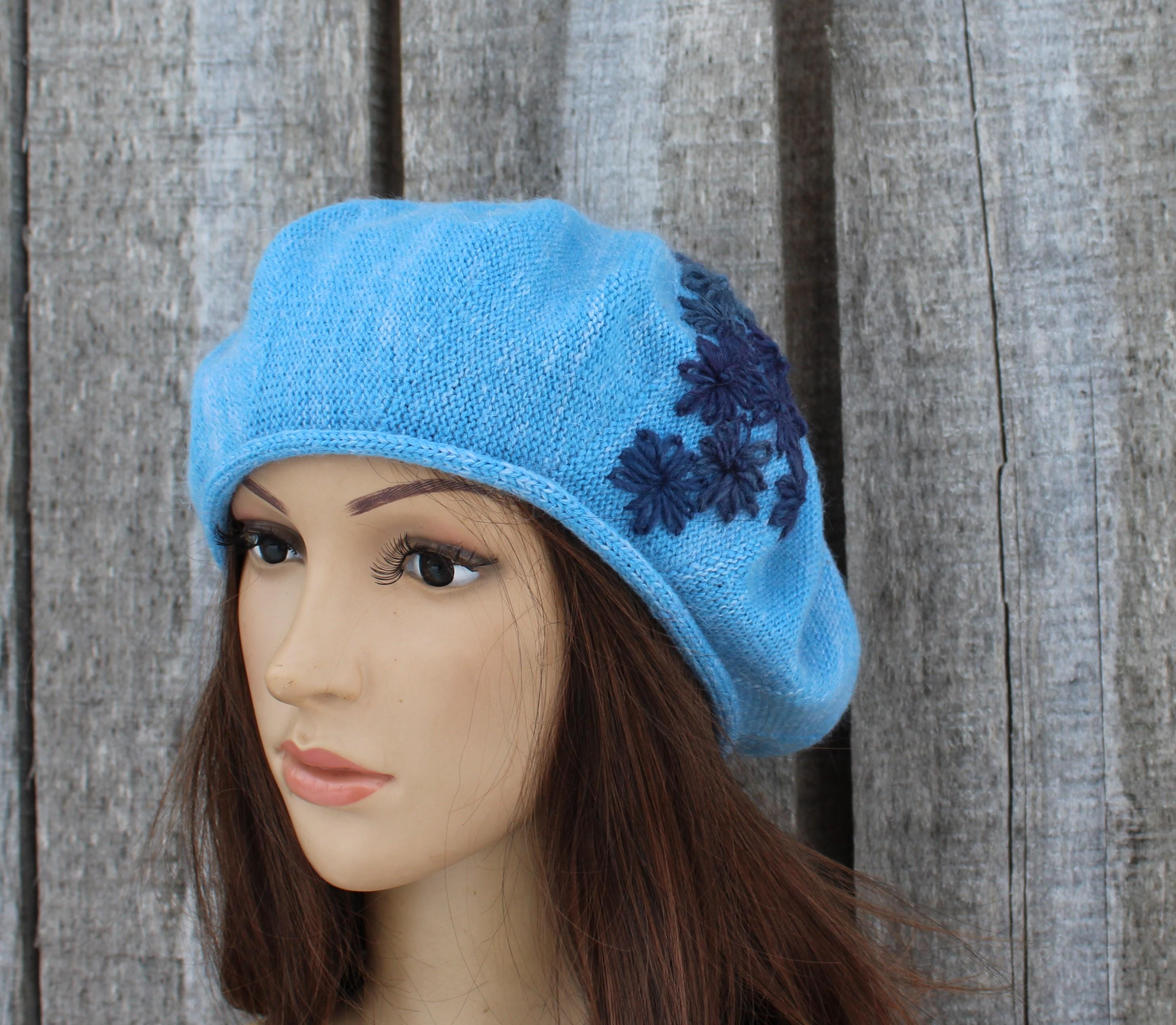 Sky Blue Embroidered Merino Blend Beret | Artisan Hand-Knitted Autumn Hat