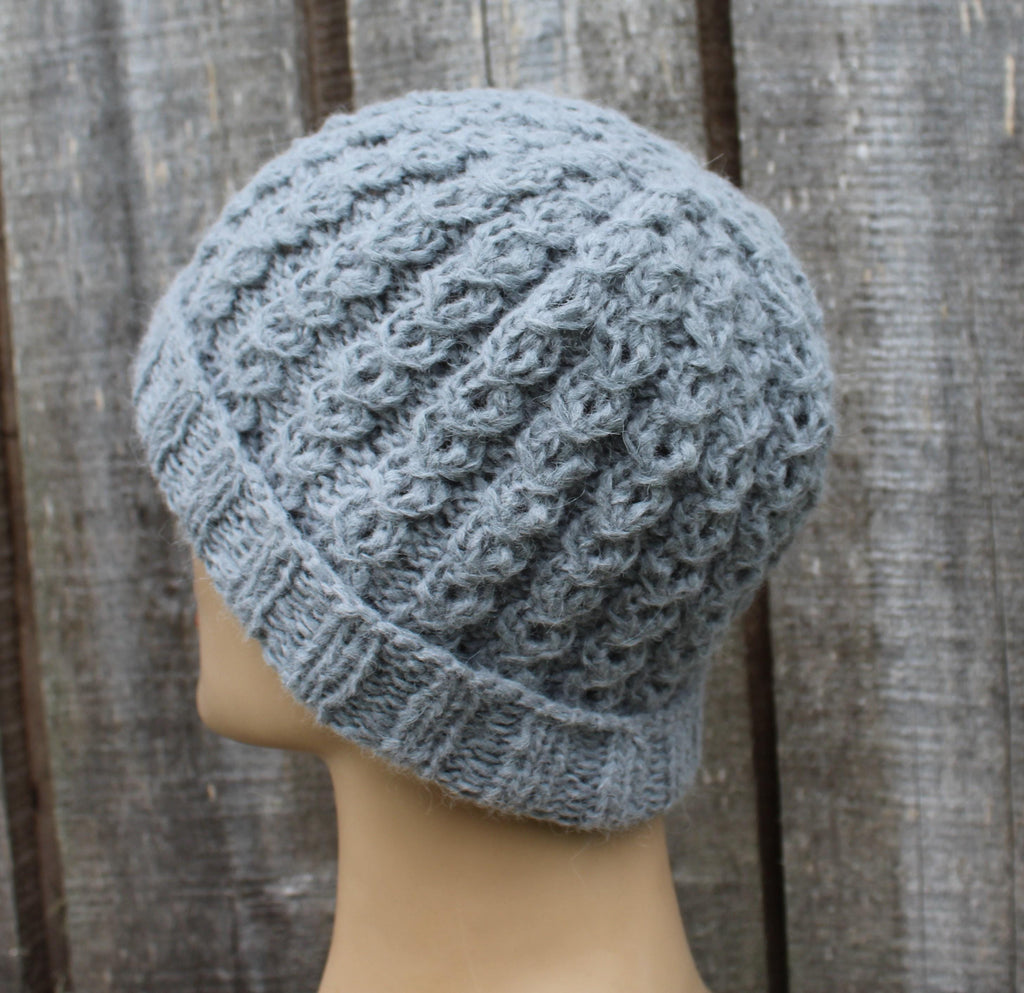 Handknit warm gray alpaca winter hat