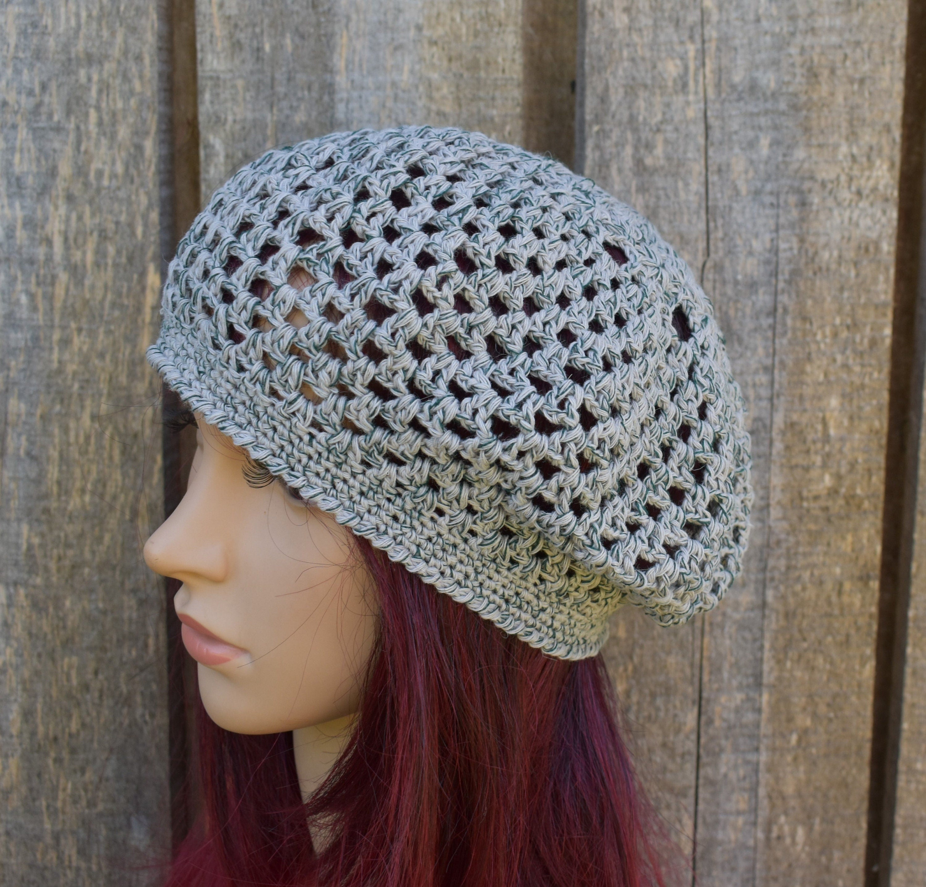 Crocheted gray green cotton summer beret, handmade lace French beret for women