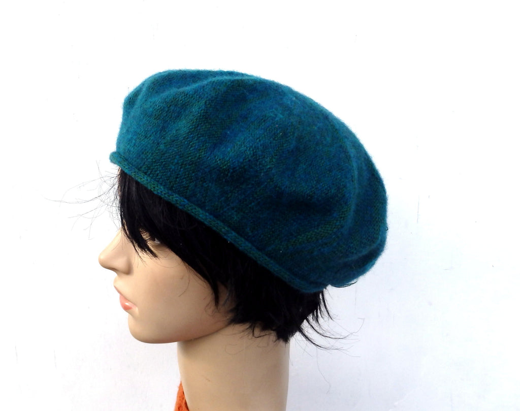 knitted wool mohair female green beret, women teal beret hat