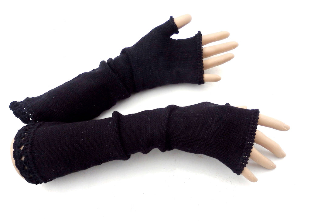 knit black long wool fingerless gloves