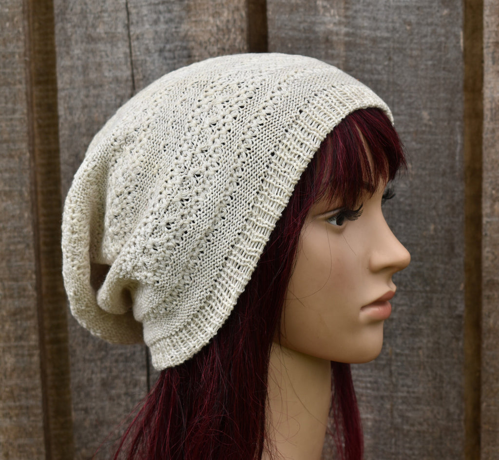 Knitted Cotton Summer Beanie: Breathable Slouch Hat, Beige