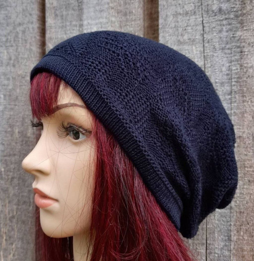 knit black cotton hat, knitted thin lace summer hat