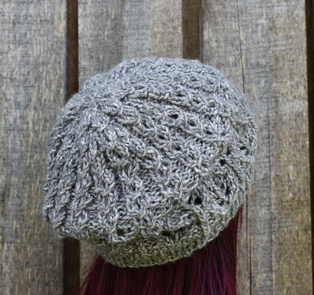 Hand knitted melanga gray cotton beret hat, unlined autumn cap, knit open work beanie,