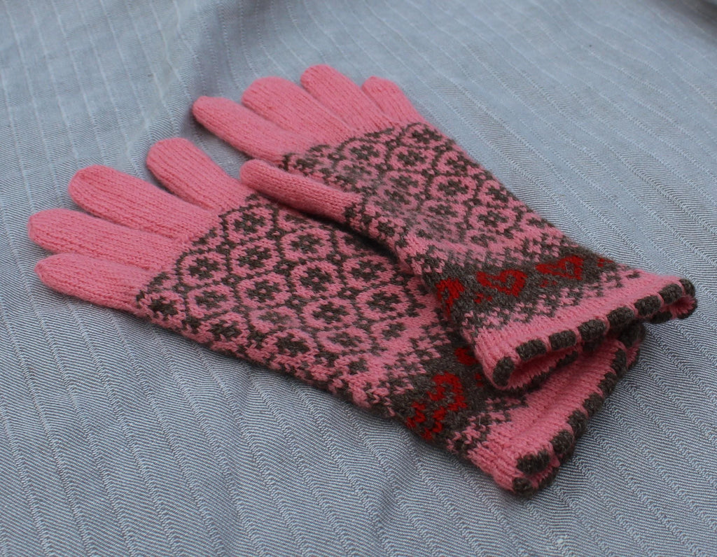 Pair of pink gloves with a pattern on a gray surface