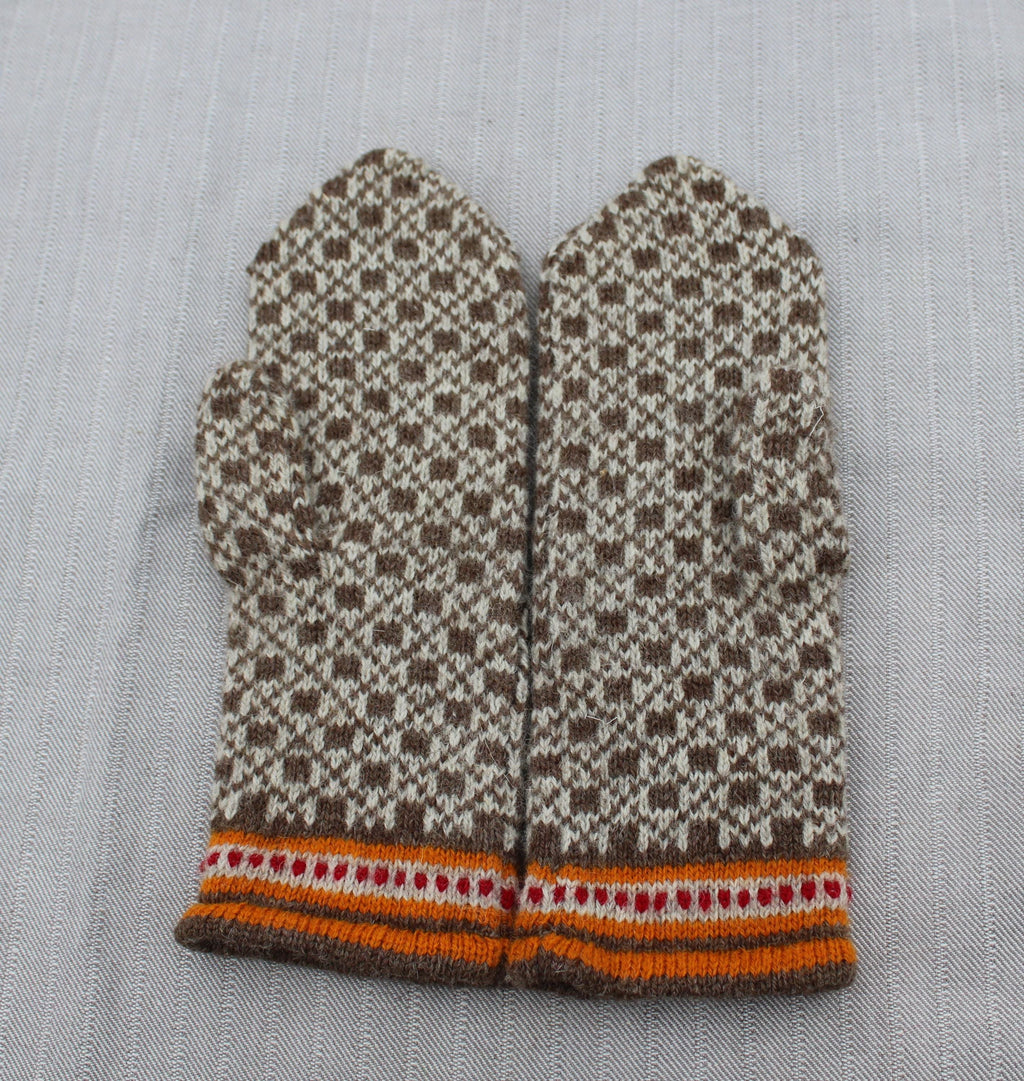 Pair of patterned mittens with a colorful band on a light gray background