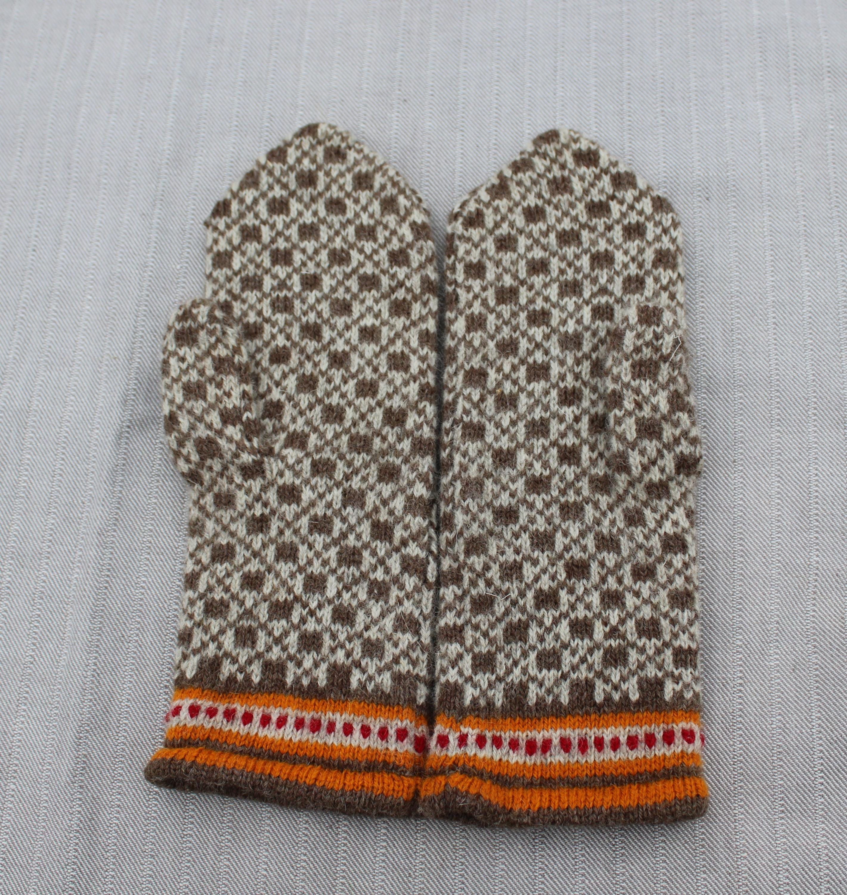 Pair of patterned mittens with a colorful band on a light gray background