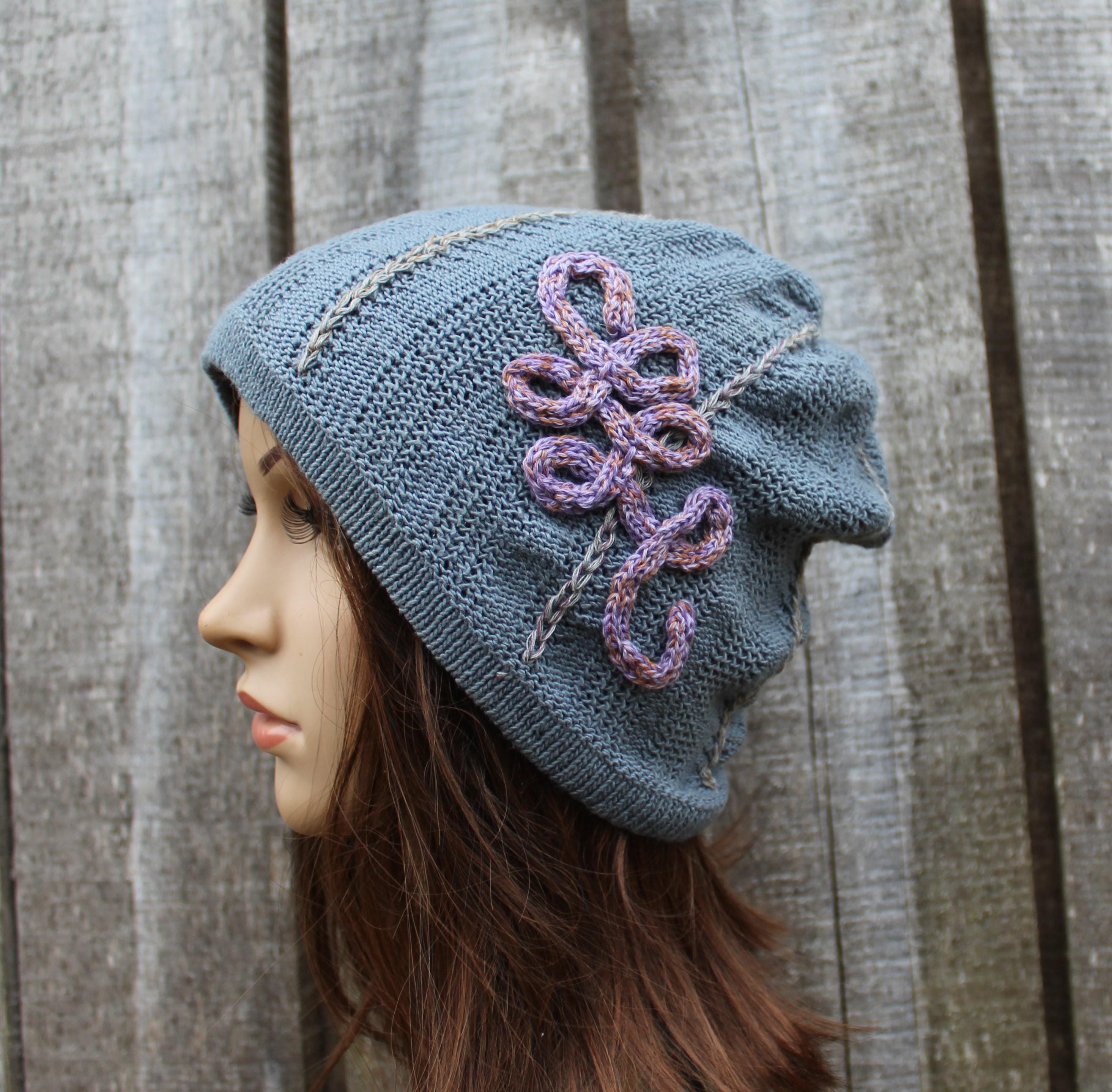 Gray Embroidered   Cotton Hat. knitted beanie