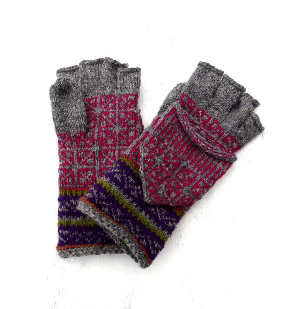 Hand Knitted Wool Convertible Gloves: Gray Purple Nordic Mittens