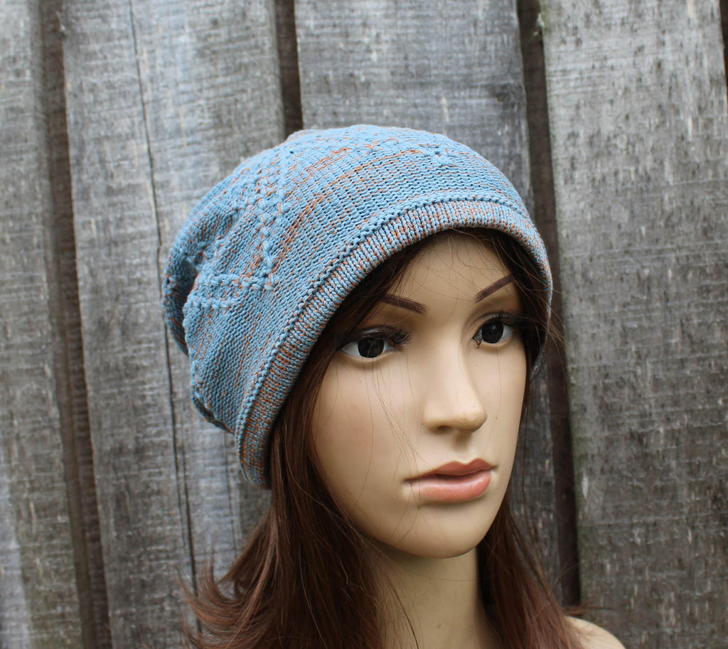 knit colorful light blue  orange cotton hat, knitted mid season hat, Handmade breathable beanie