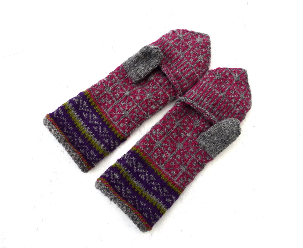 Hand Knitted Wool Convertible Gloves: Gray Purple Nordic Mittens