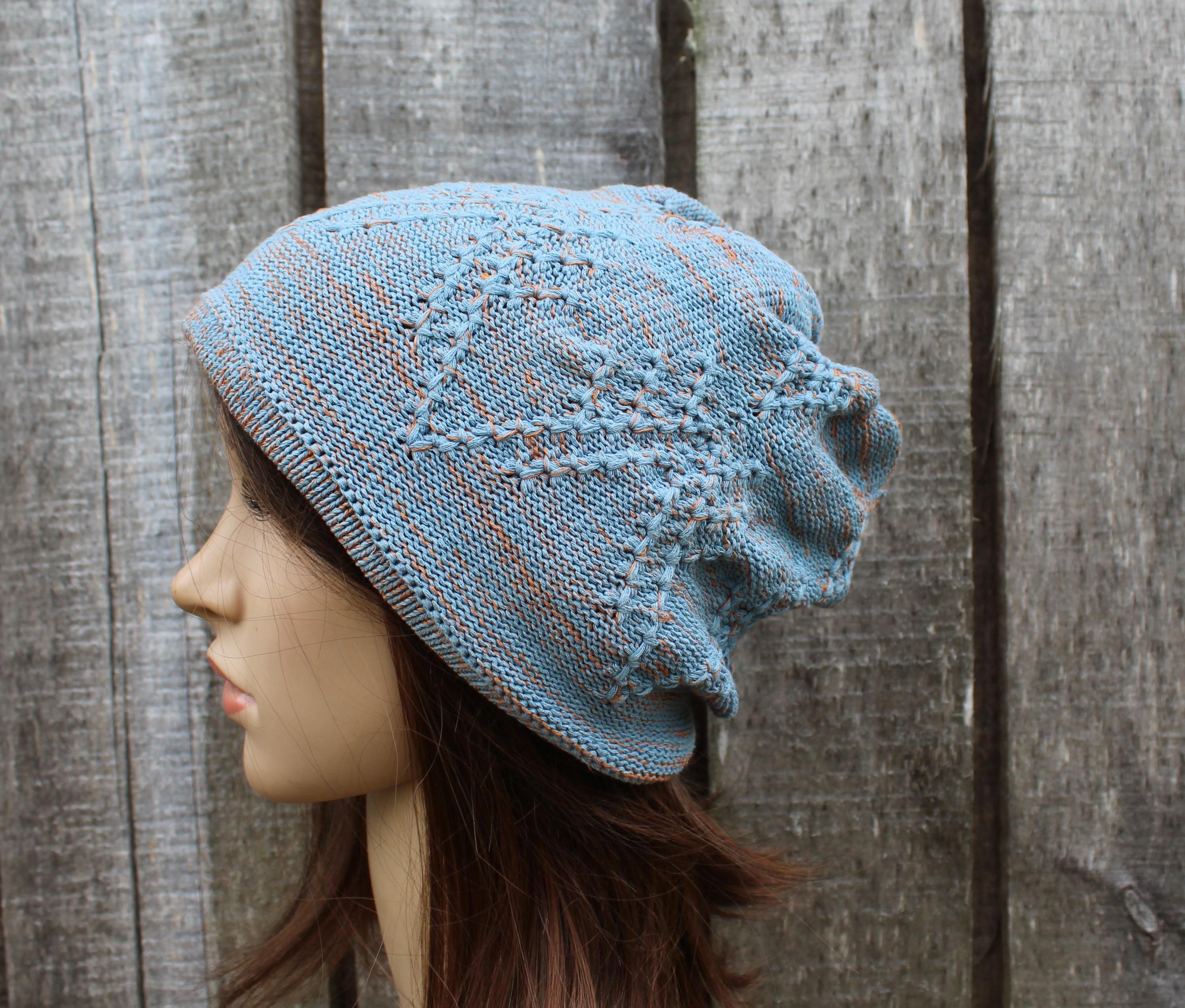 knit colorful light blue  orange cotton hat, knitted mid season hat, Handmade breathable beanie