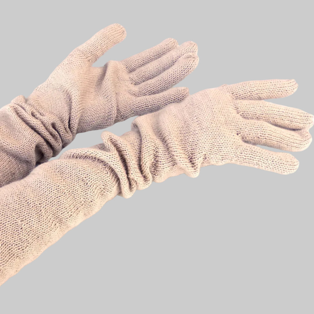 Pair of beige gloves on a white background