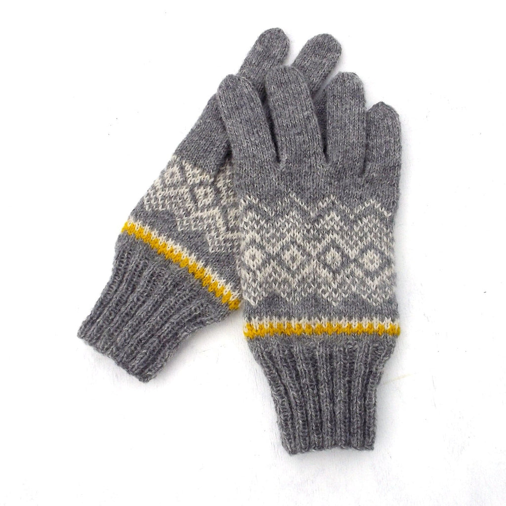 Pair of gray gloves with a patterned design and yellow accents on a white background