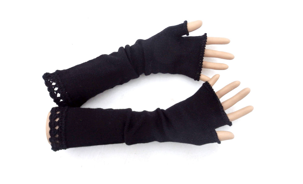 knit black long wool fingerless gloves