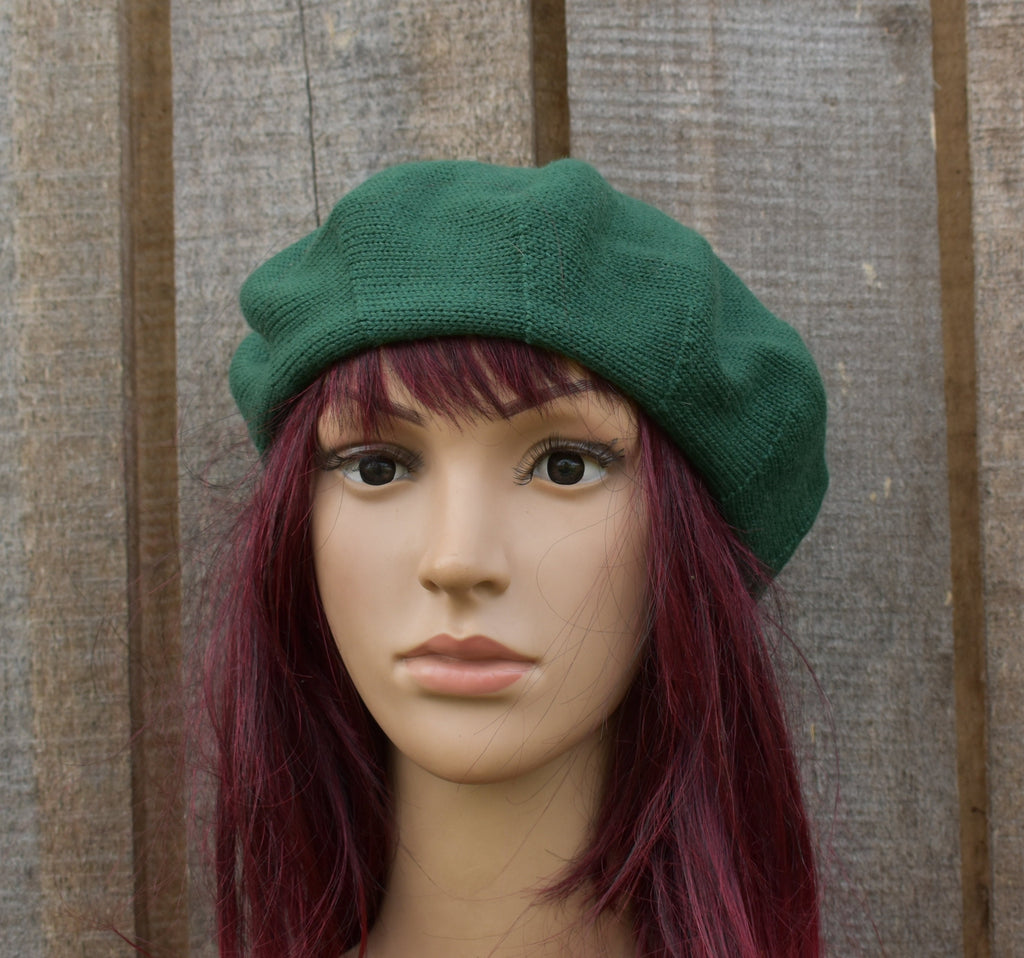 Green Knitted Beret: Unisex Wool Slouch Hat