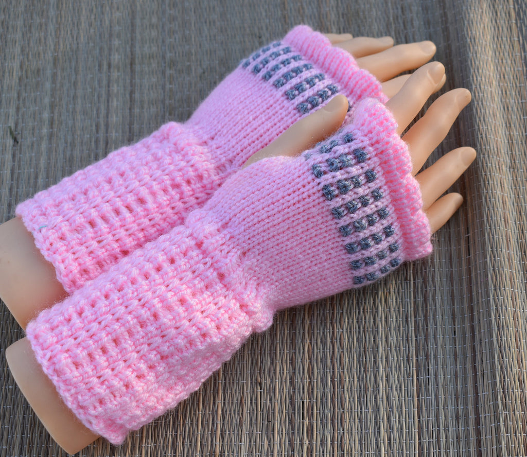 fingerless gloves, knit  pink gray acrylic arm warmers for women