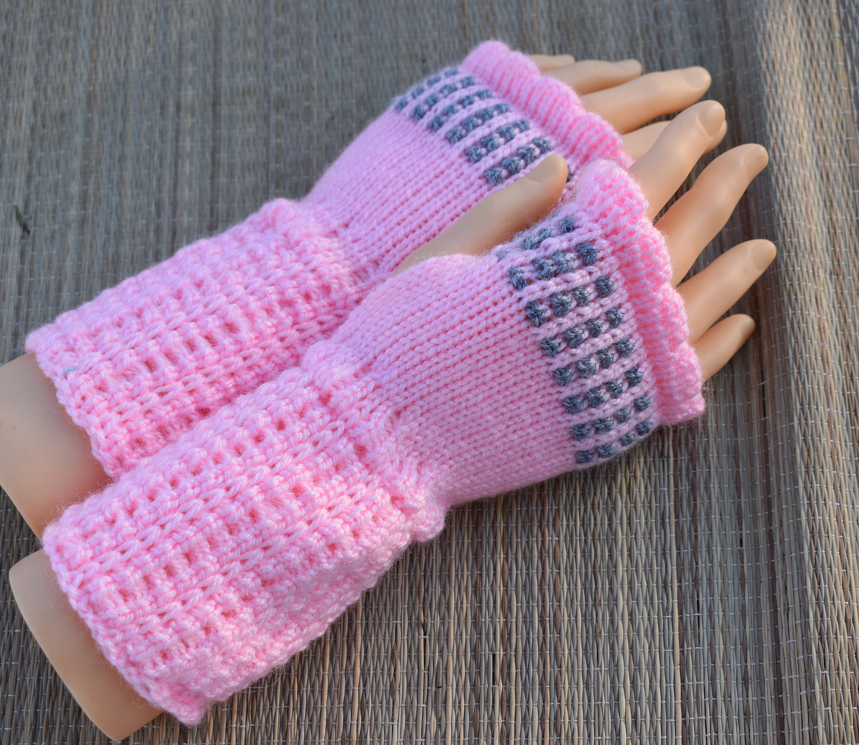 fingerless gloves, knit  pink gray acrylic arm warmers for women