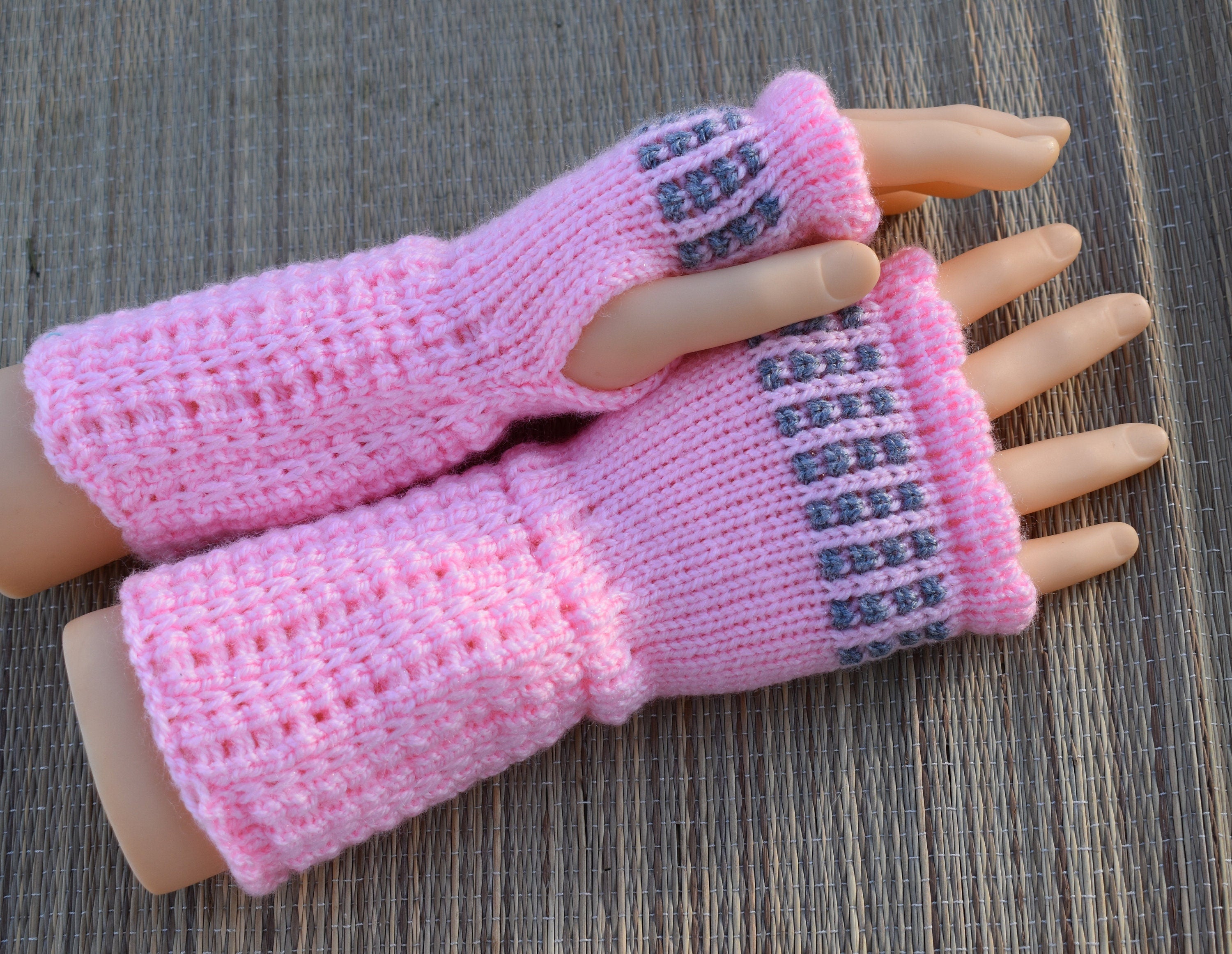 fingerless gloves, knit  pink gray acrylic arm warmers for women