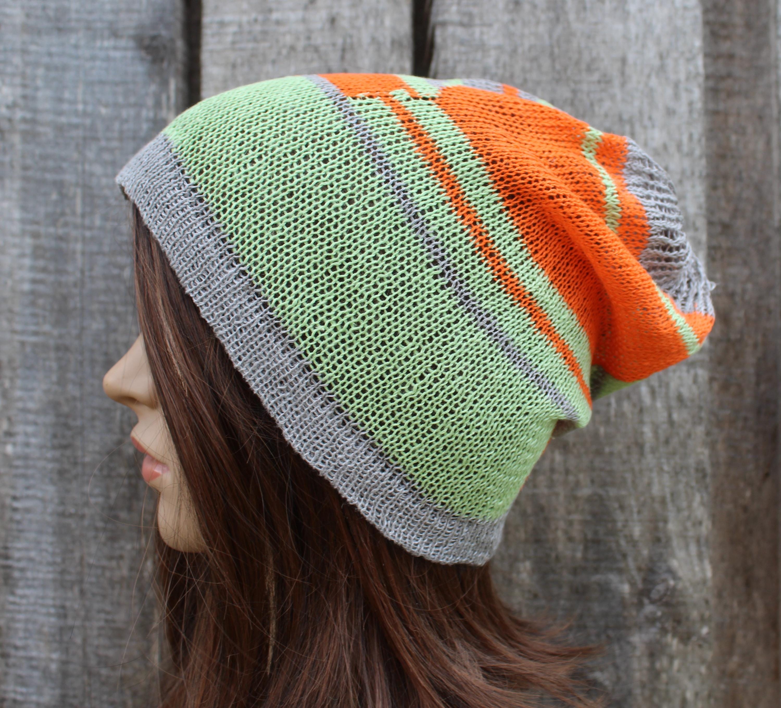 knitted colorful linen summer hat, breathable thin beanie, multicolor cap