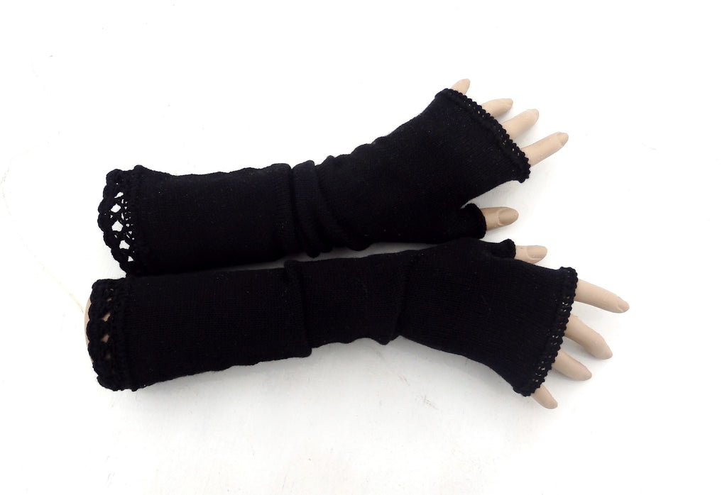 knit black long wool fingerless gloves