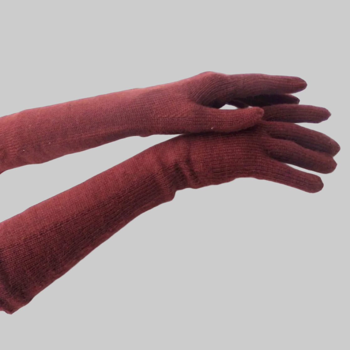 Pair of maroon gloves on a white background