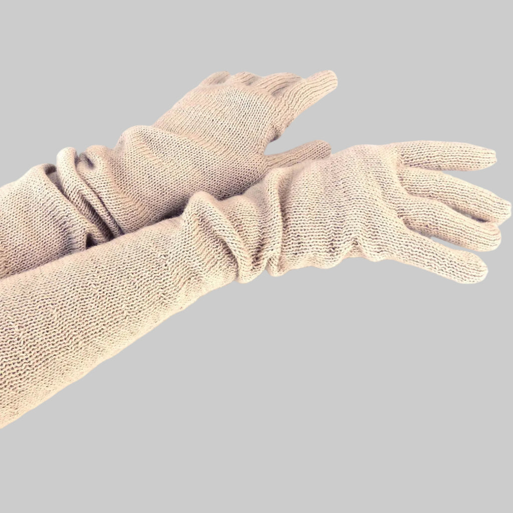 Pair of beige gloves on a white background