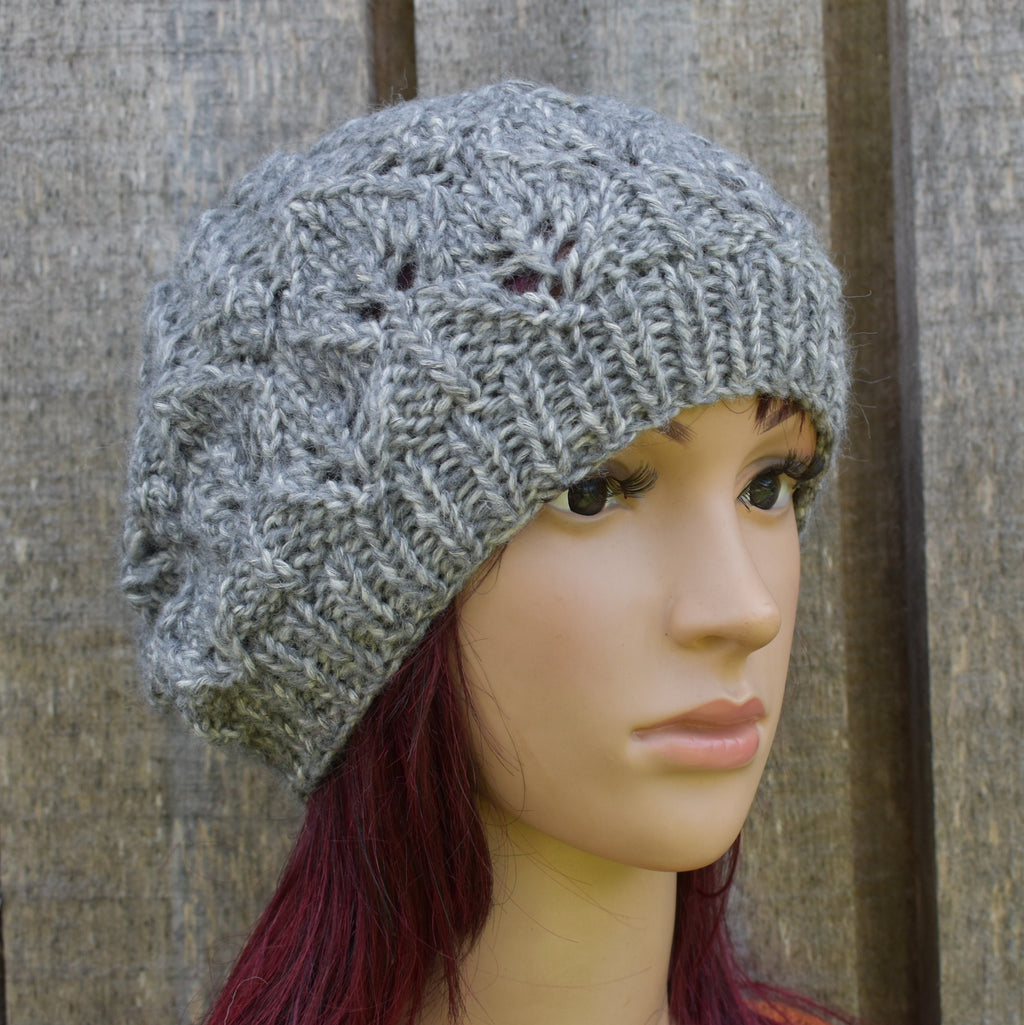 Hand knitted melanga gray cotton beret hat, unlined autumn cap, knit open work beanie,
