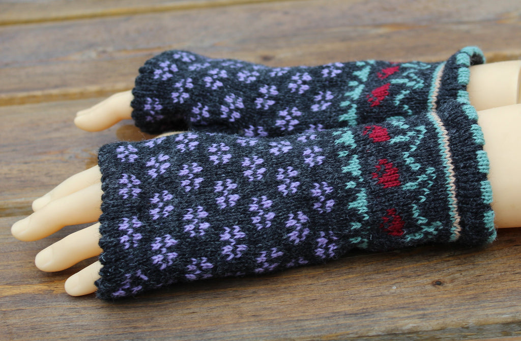 arm warmers, knitted Latvian fingerless gloves, handmade wool dark gray half mittens