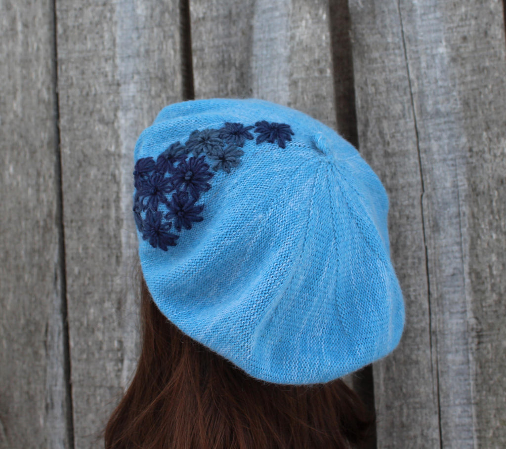 Sky Blue Embroidered Merino Blend Beret | Artisan Hand-Knitted Autumn Hat