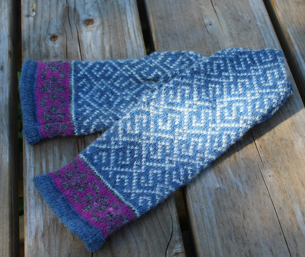 Pair of blue and purple patterned gloves on a wooden surface