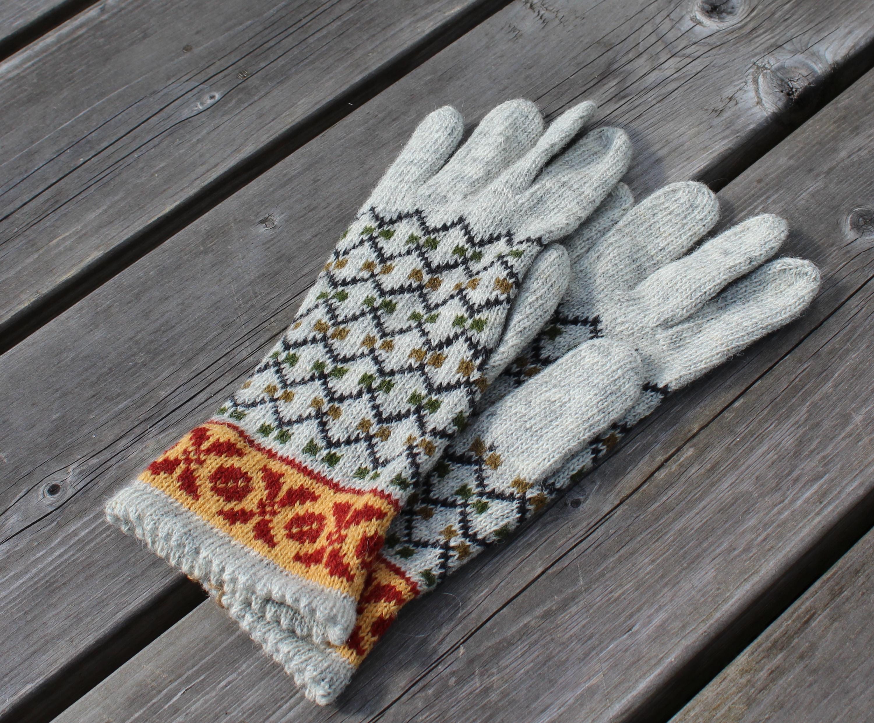 Pair of patterned gloves on a wooden surface